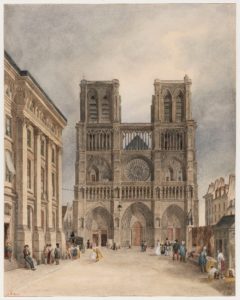 This is an old drawing of Notre Dame Cathedral in Paris also know as Notre Dame de Paris or simply Notre Dame
