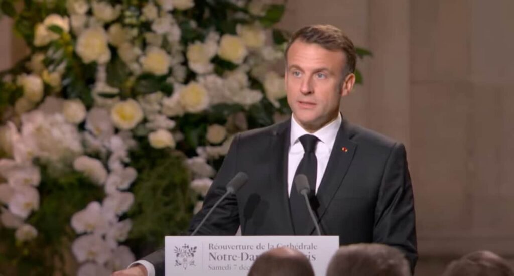 President Emmanuel Macron attending the reopening ceremony of Notre-Dame de Paris, marking the historic restoration after the 2019 fire.